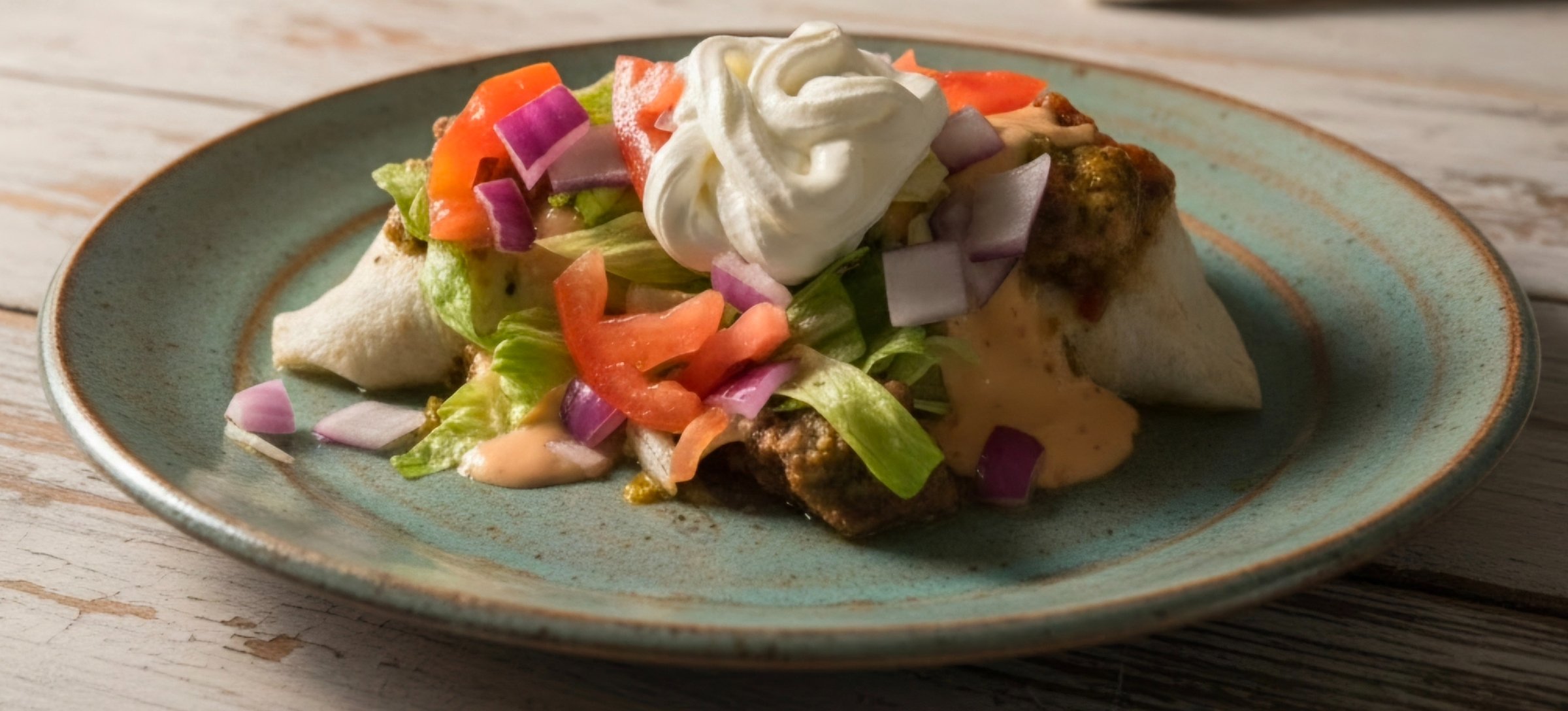 Burrito Supreme with homemade green chili, sour cream, tomato and onion on a blue plate