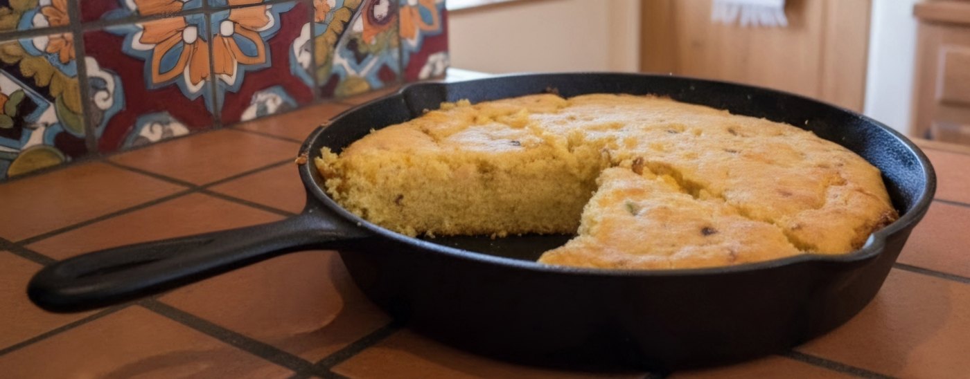 Jalapeño cheddar cornbread in a cast iron skillet