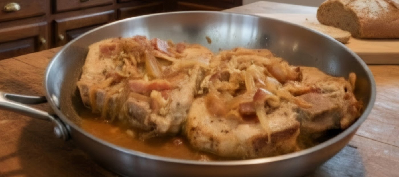 German Oktoberfest pork chops with onions in a skillet