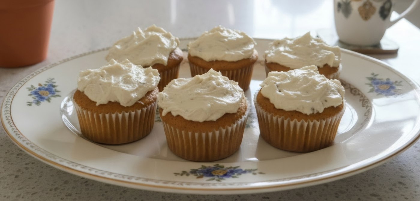 Pumpkin cupcakes with maple pecan frosting on a flowered plate