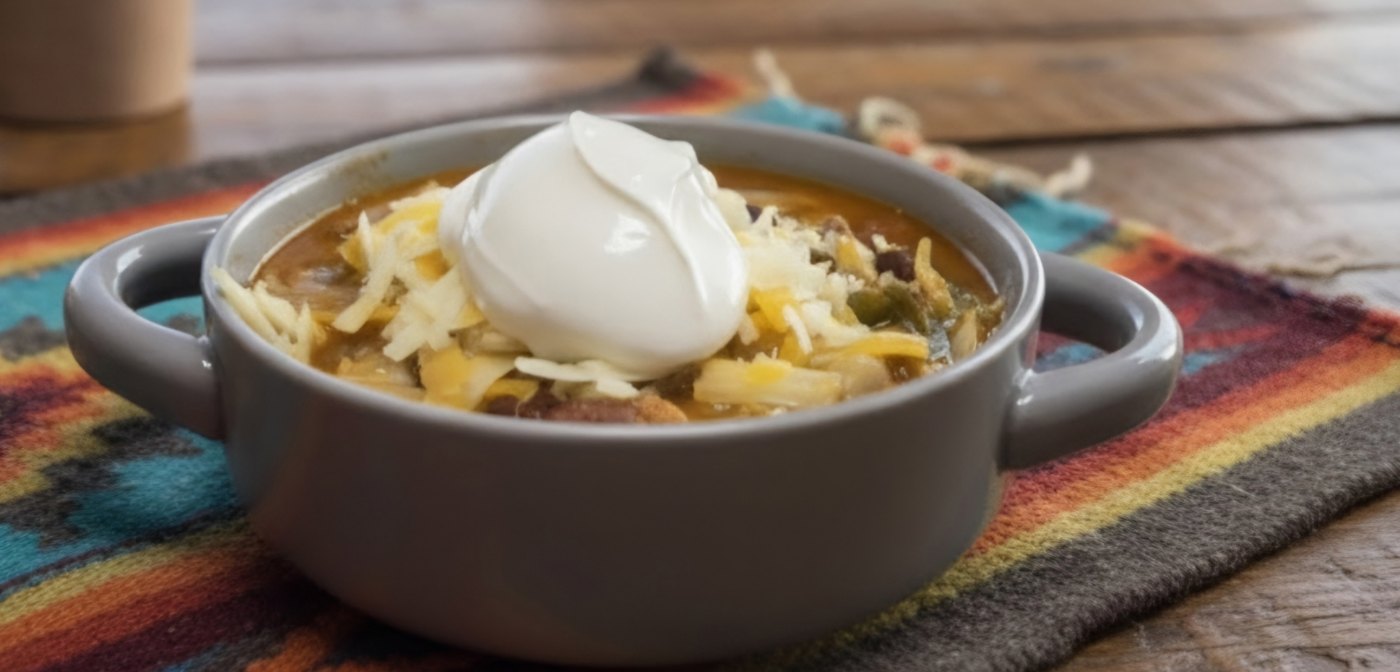 Red bean chili with sour cream and shredded cheese in a gray bowl